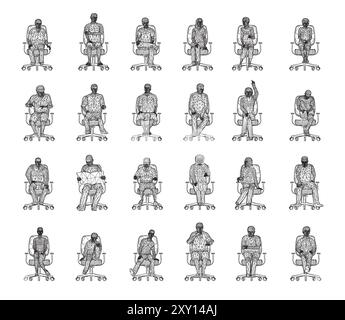 Ensemble avec fil de fer de personnes assises dans des chaises dans différentes positions de lignes noires isolées sur fond blanc. Hommes, femmes et enfants assis i Illustration de Vecteur