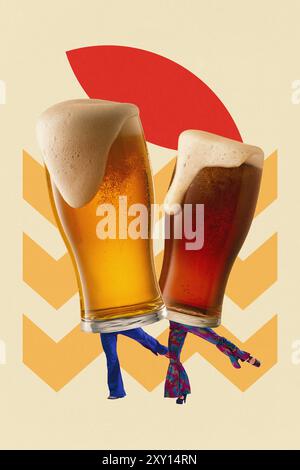 Affiche. Collage d'art contemporain. Deux pintes de bière, l'une sombre et l'autre claire, se tiennent sur des jambes dansantes, représentant l'unité de différents goûts dans la célébration Banque D'Images