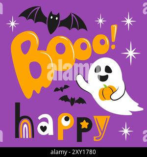 Illustration de chauve-souris drôles et de fantômes. Fantômes mignons pour la conception de cartes de tours ou de friandises d'Halloween Illustration de Vecteur