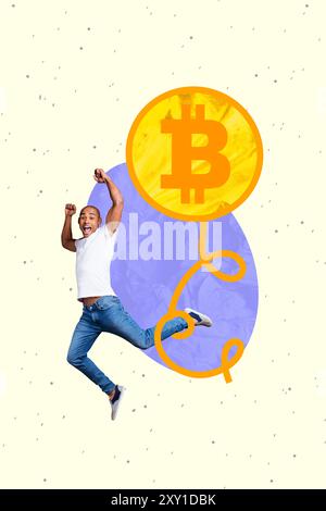 Collage photo vertical de joyeux gars américain Jump bitcoin mineur de crypto-monnaie Golden coin trade penny isolé sur fond peint Banque D'Images