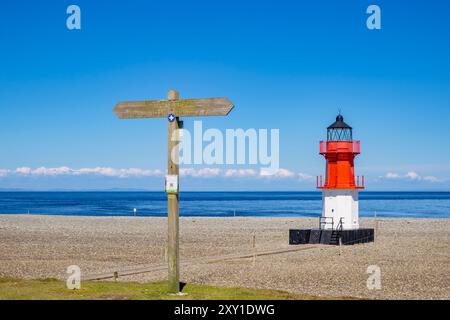 Panneau de signalisation du sentier côtier et phare sur la plage de galets sur la côte nord à point d'Ayre, Ramsey, île de Man, îles britanniques, Europe Banque D'Images