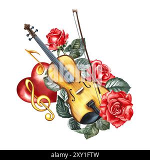 Un violon décoré de roses rouges et d'une clef triple dorée sur un coeur rouge. L'illustration de l'aquarelle est dessinée à la main. Pour affiches, flyers et invitati Banque D'Images