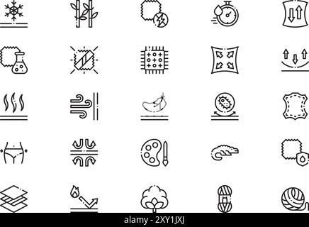 La collection d'icônes de caractéristiques de tissu est une illustration vectorielle avec un trait modifiable. Illustration de Vecteur