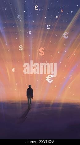 Homme debout sur la terre avec une devise flottante dollar, livre et euro. Investissement, monnaie diversifiée, illustration de stock commercial peint fond. Banque D'Images