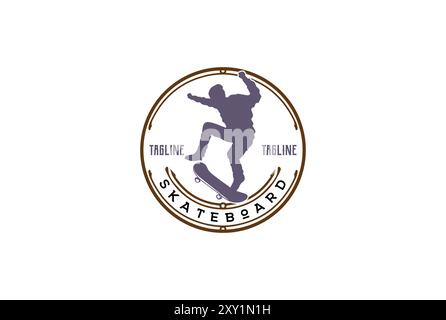 Jumping Man Silhouette avec Skateboard badge Emblem Label pour Skater Club logo Design Vector Illustration de Vecteur