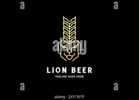 Tête de lion d'or élégante avec malt de blé de riz pour vecteur de conception de logo de brasserie de bière Illustration de Vecteur