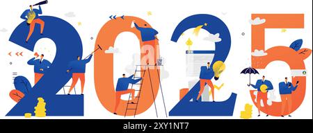Le personnel du bureau se prépare à rencontrer la nouvelle année 2025. Illustration vectorielle. Les personnages de dessins animés réparent les numéros. L'image est isolée sur fond blanc Illustration de Vecteur