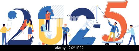 Le personnel du bureau se prépare à rencontrer la nouvelle année 2025. Illustration vectorielle. Les personnages de dessins animés réparent les numéros. L'image est isolée sur fond blanc Illustration de Vecteur