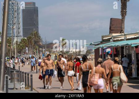 Barcelone, Espagne. 27 août 2024. Mages des plages de Barcelone à la fin août, le mois de vacances par excellence, qui devrait être un record. Imágenes de las playas de Barcelona cuando termina el mes de agosto, el mes de vacaciones por excelencia, y que se prévaut de récord. Actualités Cronaca -Barcelone, Espagne mardi 27 août 2024 (photo par Eric Renom/LaPresse) crédit : LaPresse/Alamy Live News Banque D'Images