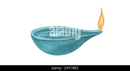 Turquoise huile Diwali Diya lampe avec illustration d'aquarelle de flamme jaune brûlante. Lampe à bougie luisante de vacances pour les festivals et les célébrations religieuses Banque D'Images