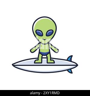 Surfer extraterrestre sur les vagues. Cette illustration amusante montre un extraterrestre chevauchant une planche de surf, suggérant la possibilité d'une vie extraterrestre A. Illustration de Vecteur