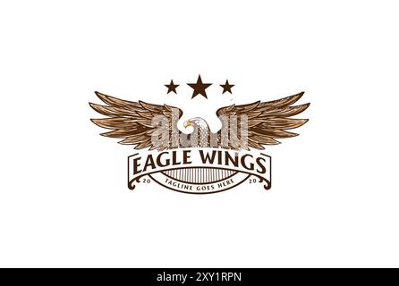 Rétro Vintage American Eagle Falcon Hawk badge emblème avec ailes écartées et ruban logo Design vecteur Illustration de Vecteur