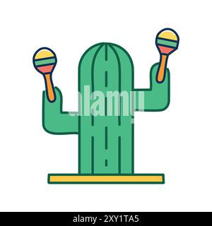 Maracas secouant les cactus. Un personnage de cactus piqué secoue les maracas de manière ludique et festive, symbolisant l'énergie vibrante et le plaisir du désert. Illustration de Vecteur