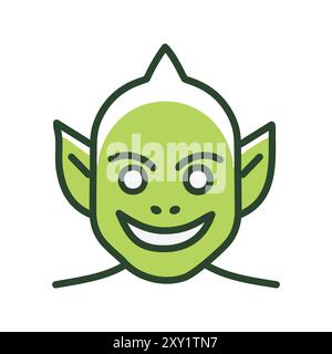 Illustration de dessin animé elfe vert souriant. Elfe de dessin animé joyeux avec des oreilles pointues et un sourire espiègle, symbolisant la joie et une personnalité ludique. Illustration de Vecteur