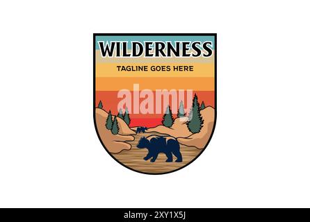 Sunset Ice Polar Bear avec Pine Cedar Spruce Conifer Cypress Larch Fir Trees Forest badge Emblem Label for Outdoor Adventure logo Design Vector Illustration de Vecteur