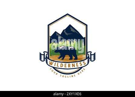 Ours polaire de glace de montagne avec pin cèdre épinette Conifer Cypress Larch sapins Forest badge Emblem Label pour l'aventure en plein air logo Design Vector Illustration de Vecteur