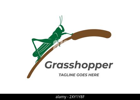 Vintage insecte Grasshopper avec Cattail Reed Grass logo Design Vector Illustration de Vecteur