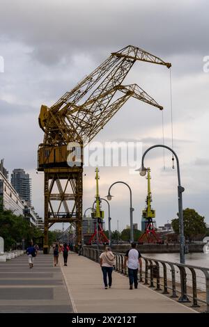 Grues à portique retirées pour le chargement de navires exposées dans les anciens quais de Puerto Madero, Buenos Aires, Argentine. Banque D'Images