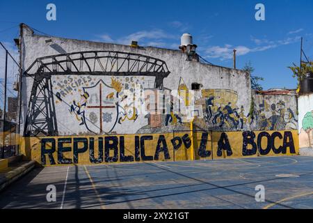 Peinture murale de scènes de la Boca peinte sur le mur d'un terrain de basket à la Boca, Buenos Aires, Argentine. Banque D'Images