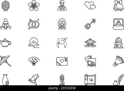 Collection d'icônes de mariage japonais est une illustration vectorielle avec trait modifiable. Illustration de Vecteur