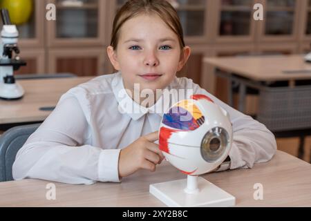 Une écolière étudie un modèle anatomique de l'œil dans une salle de classe de l'école tout en étant assise à son bureau. Photo de haute qualité Banque D'Images