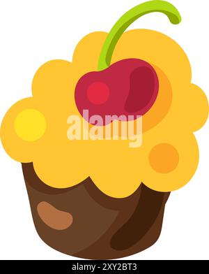 Gâteau aux cerises avec de la crème d'air fouettée. Cupcake à la crème décoré de baies. Illustration confortable de couleur simple. Vecteur de dessin animé dessiné à la main isolé sur w Illustration de Vecteur