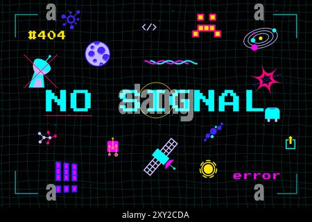 Un fond coloré avec un texte noir qui dit « No signal » en bleu néon. Un paysage éclairé au néon d'éléments de l'ère spatiale, y compris des sputniks, du syst solaire Illustration de Vecteur