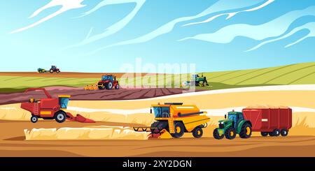 Champ de travail de machines agricoles. Récolte agricole industrielle, transport agricole camions presses à balles de labour moissonneuse-batteuse semer le blé sur la récolte, illustration vectorielle récente illustration illustration originale Illustration de Vecteur