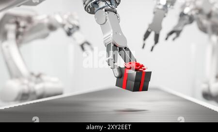 L'invention concerne un coffret cadeau placé sur une bande transporteuse par un bras robotisé. Concept de noël Tech. Mise au point sélective Banque D'Images