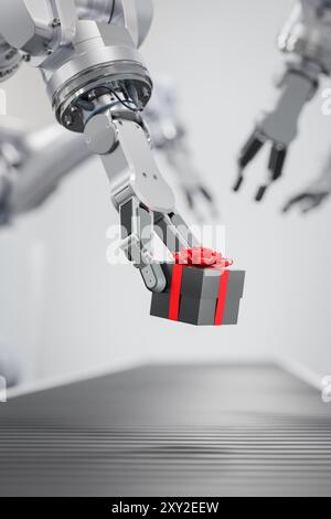 L'invention concerne un coffret cadeau placé sur une bande transporteuse par un bras robotisé. Concept de noël Tech. Mise au point sélective Banque D'Images