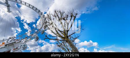 Image panoramique vue en bas d'arbres sans feuilles et d'une grande roue vue en bas dans le plan contre-sol sous un ciel bleu avec des nuages blancs rétroéclairés. Lon Banque D'Images