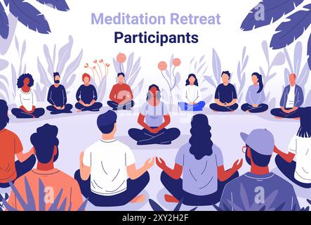 Participants à la retraite de méditation assis en cercle pratiquant la pleine conscience dans un cadre extérieur serein entouré de plantes et de feuillage Illustration de Vecteur