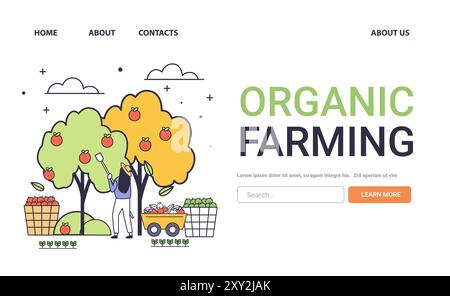 Concept d'agriculture biologique avec femme récoltant des pommes des arbres divers paniers de fruits et légumes style minimaliste d'art de ligne Illustration de Vecteur