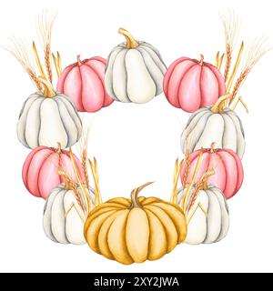 Couronne d'aquarelle de citrouilles et épis de blé. Cadre de légumes d'automne sur un fond blanc. Illustration à la main pour invitations et cartes pour Banque D'Images