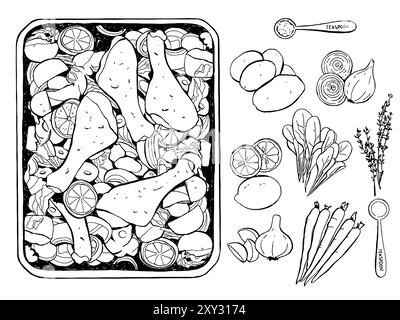 Asperges rôties dessinées à la main et ingrédients pour recette alimentaire. Poulet, pommes de terre, carottes, cuillère, oignon. Illustration d'esquisse vectorielle de contour. Illustration de Vecteur