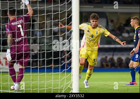 Juventusâs Nicolo Savona célèbre après avoir marqué un but lors du Hellas Verona FC vs Juventus FC, match de football italien Serie A à Vérone, Italie, août 26 2024 Banque D'Images