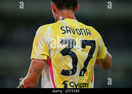 Juventusâs Nicolo Savona lors du Hellas Verona FC vs Juventus FC, match de football italien Serie A à Vérone, Italie, août 26 2024 Banque D'Images