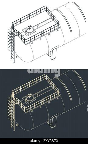 Illustrations vectorielles stylisées de plans isométriques d'un grand réservoir de stockage horizontal en gros plan Illustration de Vecteur