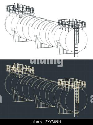 Illustrations vectorielles stylisées des plans d'un grand réservoir de stockage horizontal Illustration de Vecteur