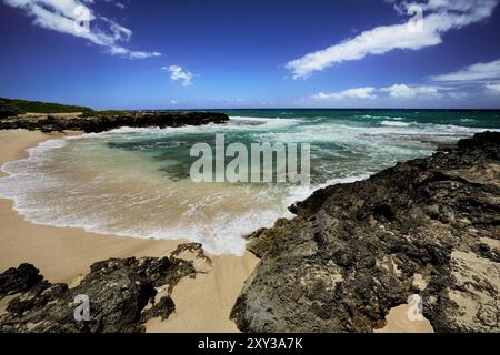 Une journée ensoleillée avec peu de nuages sur la lointaine et immaculée plage hawaïenne Monk Seal dans le parc de plage de Ka’ena point à Oahu, avec des vagues qui s’étirent sur la plage Banque D'Images