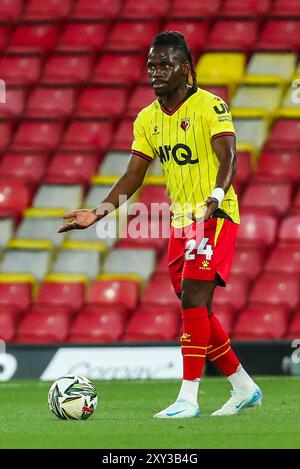 Tom Dele-Bashiru de Watford réagit lors du match de la Coupe Carabao Watford vs Plymouth Argyle à Vicarage Road, Watford, Royaume-Uni, le 27 août 2024 (photo par Izzy Poles/News images) Banque D'Images