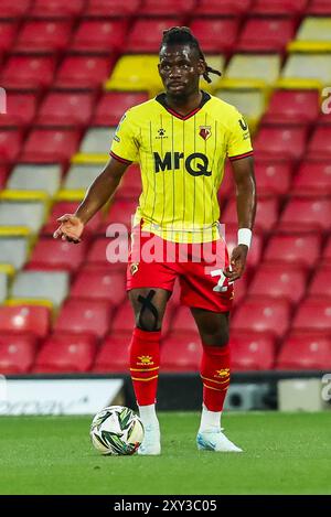 Tom Dele-Bashiru de Watford réagit lors du match de la Coupe Carabao Watford vs Plymouth Argyle à Vicarage Road, Watford, Royaume-Uni. 27 août 2024. (Photo par Izzy Poles/News images) à Watford, Royaume-Uni le 27/08/2024. (Photo par Izzy Poles/News images/SIPA USA) crédit : SIPA USA/Alamy Live News Banque D'Images