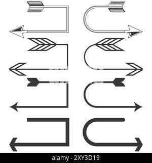 Icône flèche définie. Flèches directionnelles de vecteur. Symboles courbes et droits. Design épuré monochrome. Illustration de Vecteur