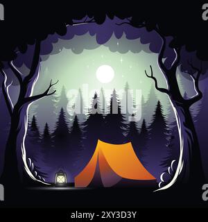 Horreur Camping dans la forêt la nuit, illustration vectorielle solo de camp effrayant Illustration de Vecteur