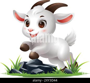 Vecteur de dessin animé 3D Cute White Goat, debout sur la roche avec de l'herbe verte Illustration de Vecteur