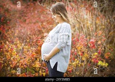 Happy young pregnant woman in autumn park Banque D'Images