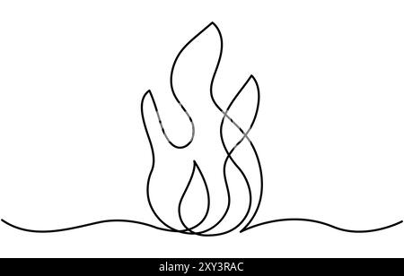 Dessin modifiable continu de l'icône de feu. Symbole de flamme dans un style de ligne, dessin continu d'esquisse d'une seule ligne de l'activité de camping de feu de camp de bonfire. Illustration de Vecteur