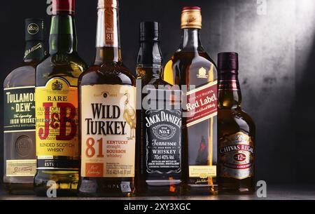 POZNAN, POLOGNE, 18 août 2017 : le whisky est la liqueur la plus populaire au monde. Originaire probablement d'Irlande, maintenant il est produit à grande échelle également Banque D'Images