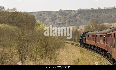 Près de Goathland, North Yorkshire, Angleterre, Royaume-Uni, mai 07, 2016 : un train sur le North Yorkshire Moors Railway sur la route entre Whitby et Pickering Banque D'Images