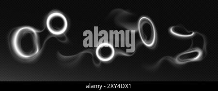 Anneaux de fumée fixés isolés sur fond transparent. Illustration réaliste vectorielle de nuages de vapeur de cigarette avec des tourbillons ronds flottant dans l'air, vapeur de vape ou de narguilé, bouffée de nicotine, effet de fouet d'air Illustration de Vecteur